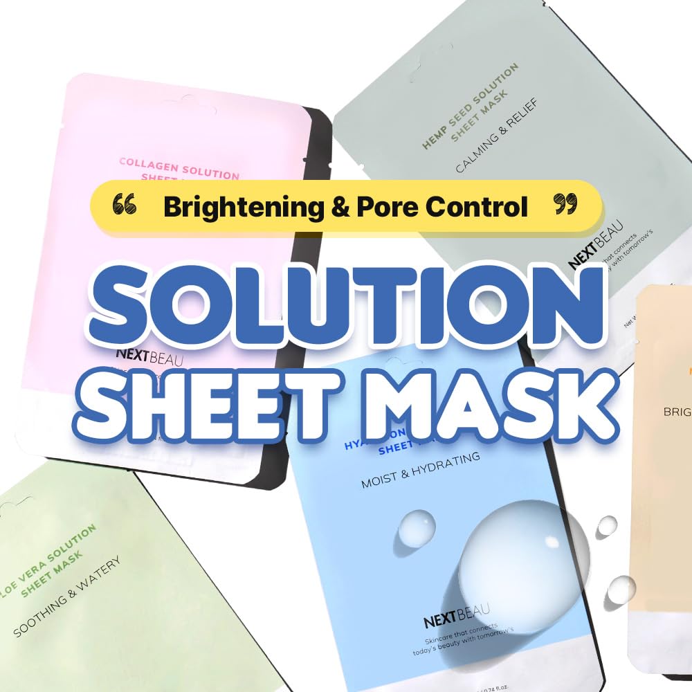 NEXTBEAU Solution Sheet Mask Variety Pack, 10 Count (5 Types x 2 Sheets), 0.74 fl oz Each, Korean Facial Sheet Masks for Daily Skincare - Maple Wellness Supplements