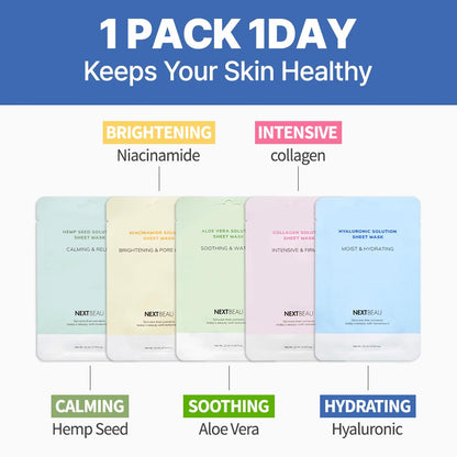 NEXTBEAU Solution Sheet Mask Variety Pack, 10 Count (5 Types x 2 Sheets), 0.74 fl oz Each, Korean Facial Sheet Masks for Daily Skincare - Maple Wellness Supplements