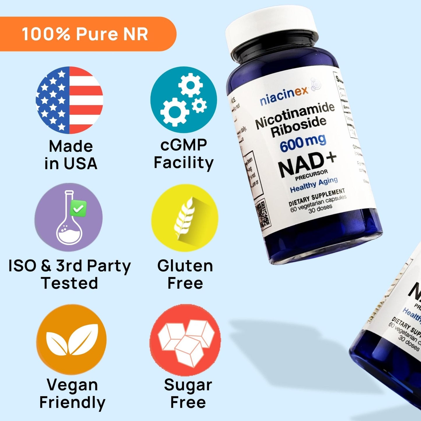 Niacinex NAD+ Supplement - 600mg Pure Nicotinamide Riboside (NR) - Healthy Aging, Mental Clarity & Energy Booster - Cell Regeneration Supplements for Women and Men - 60 NAD Plus Capsules - Made in USA - Maple Wellness Supplements