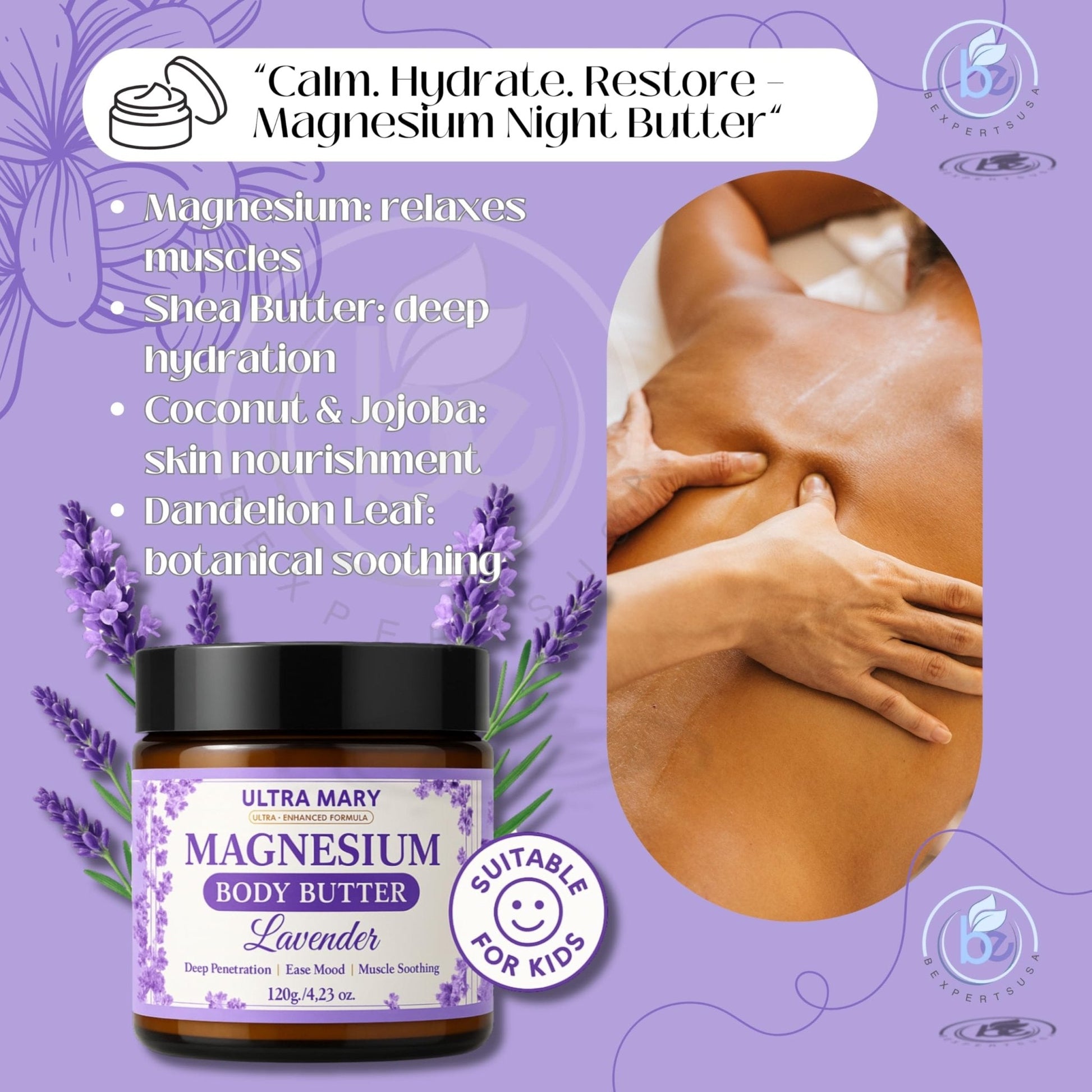Nighttime Magnesium Cream for Pain, Nerve & Leg Cramps - Magnesium Body Butter for Sleep with Shea Butter, Jojoba Oil, Coconut Extract & Dandelion - Lavender Magnesium Lotion for Kids - 4.23oz - Maple Wellness Supplements