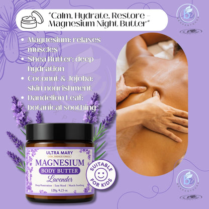 Nighttime Magnesium Cream for Pain, Nerve & Leg Cramps - Magnesium Body Butter for Sleep with Shea Butter, Jojoba Oil, Coconut Extract & Dandelion - Lavender Magnesium Lotion for Kids - 4.23oz - Maple Wellness Supplements