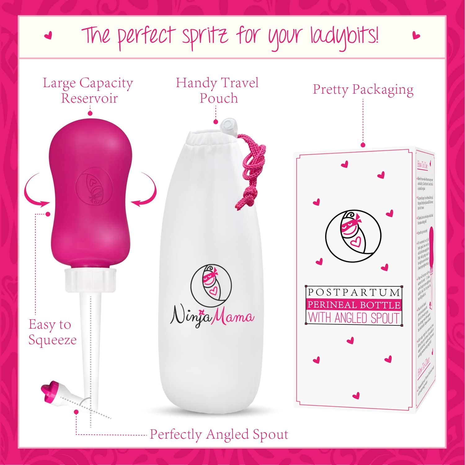 Ninja Mama Peri Bottle for Postpartum Care Post Partum Essentials for Pain Relief, Tears & Hemorrhoids After Birth Portable Perineal Bottle with Angled Spout Labor & Delivery Hospital Bag. (355ml) - Maple Wellness Supplements