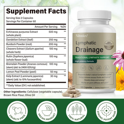 Ninsiec Lymphatic Drainage Supplements - Lymphatic Drainage Capsules for Immune Health,Supports Bloating & Daily Lymphatic Wellness, with Echinacea, Dandelion, and Burdock (120 Capsules) - Maple Wellness Supplements