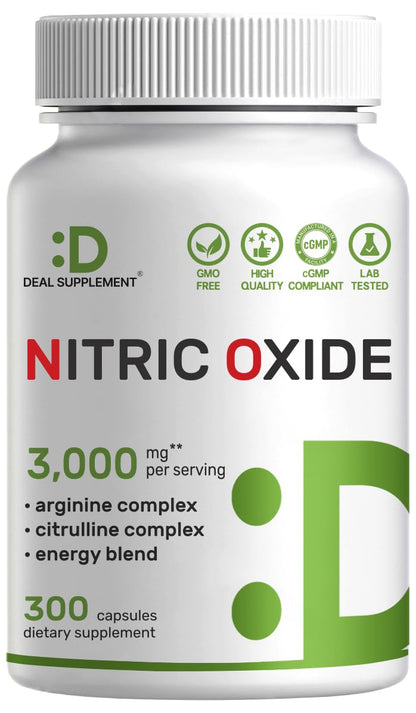 Nitric Oxide Supplement 3,000mg, 300 Capsules | 12-in-1 Complex for Men & Women – Arginine, Citrulline, Korean Red Ginseng, - Maple Wellness Supplements