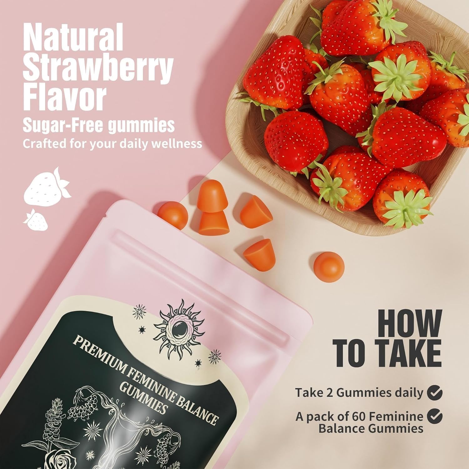 NIUSISE Feminine Balance Gummies, Premium Balance Supplement for Women PH Health, Immune Support, Energy Support, Vegan, Gluten-Free, Strawberry Flavor, - Maple Wellness Supplements