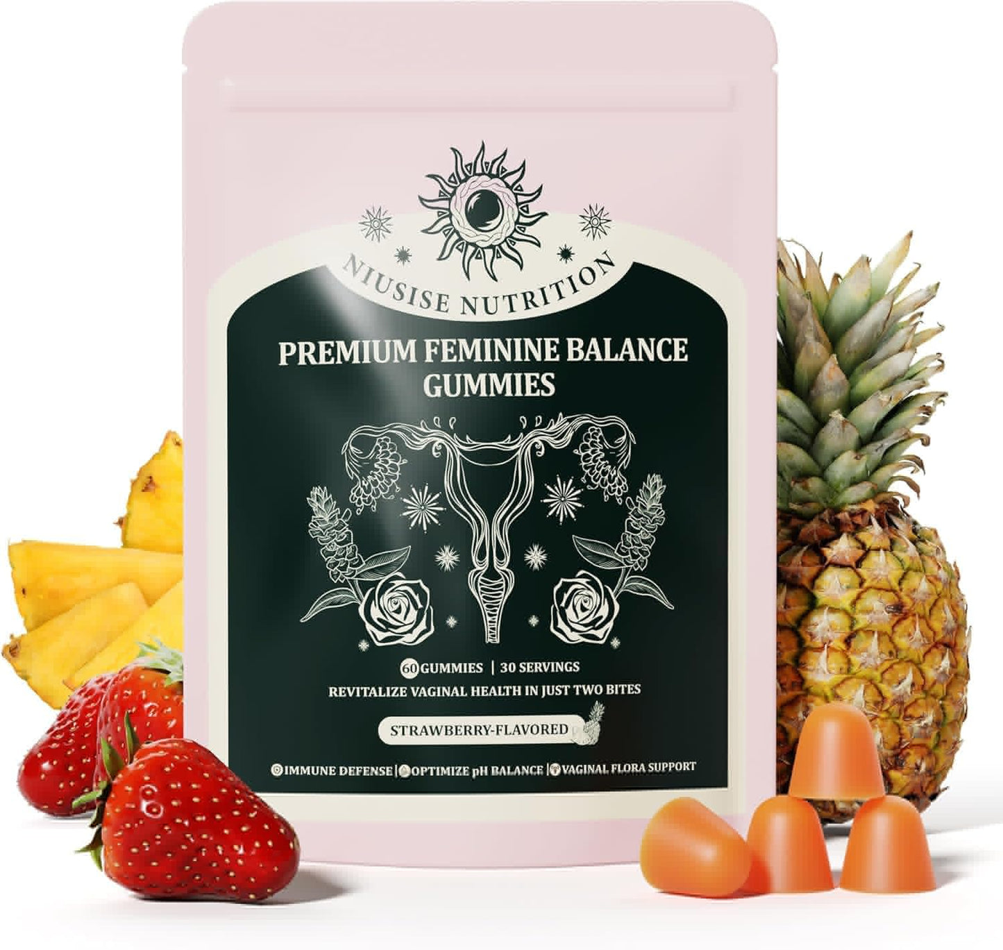 NIUSISE Feminine Balance Gummies, Premium Balance Supplement for Women PH Health, Immune Support, Energy Support, Vegan, Gluten-Free, Strawberry Flavor, - Maple Wellness Supplements