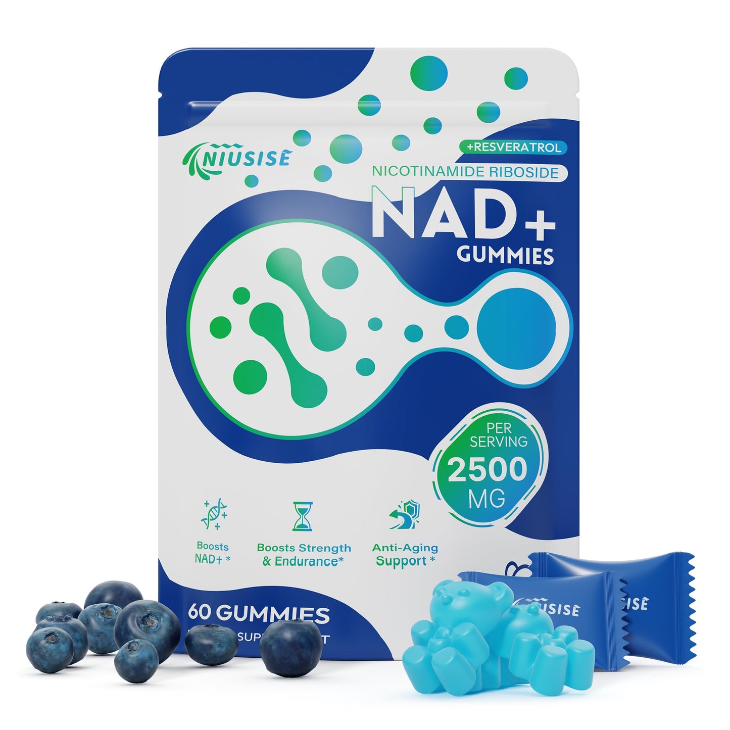 NIUSISE NAD Gummies Sugar Free, NAD+ Supplement with Liposomal Nicotinamide Riboside, Resveratrol, Quercetin, NAD Supplement for Anti-Aging, Energy, Cellular Health, Blueberry Flavor, 60 Gummies - Maple Wellness Supplements