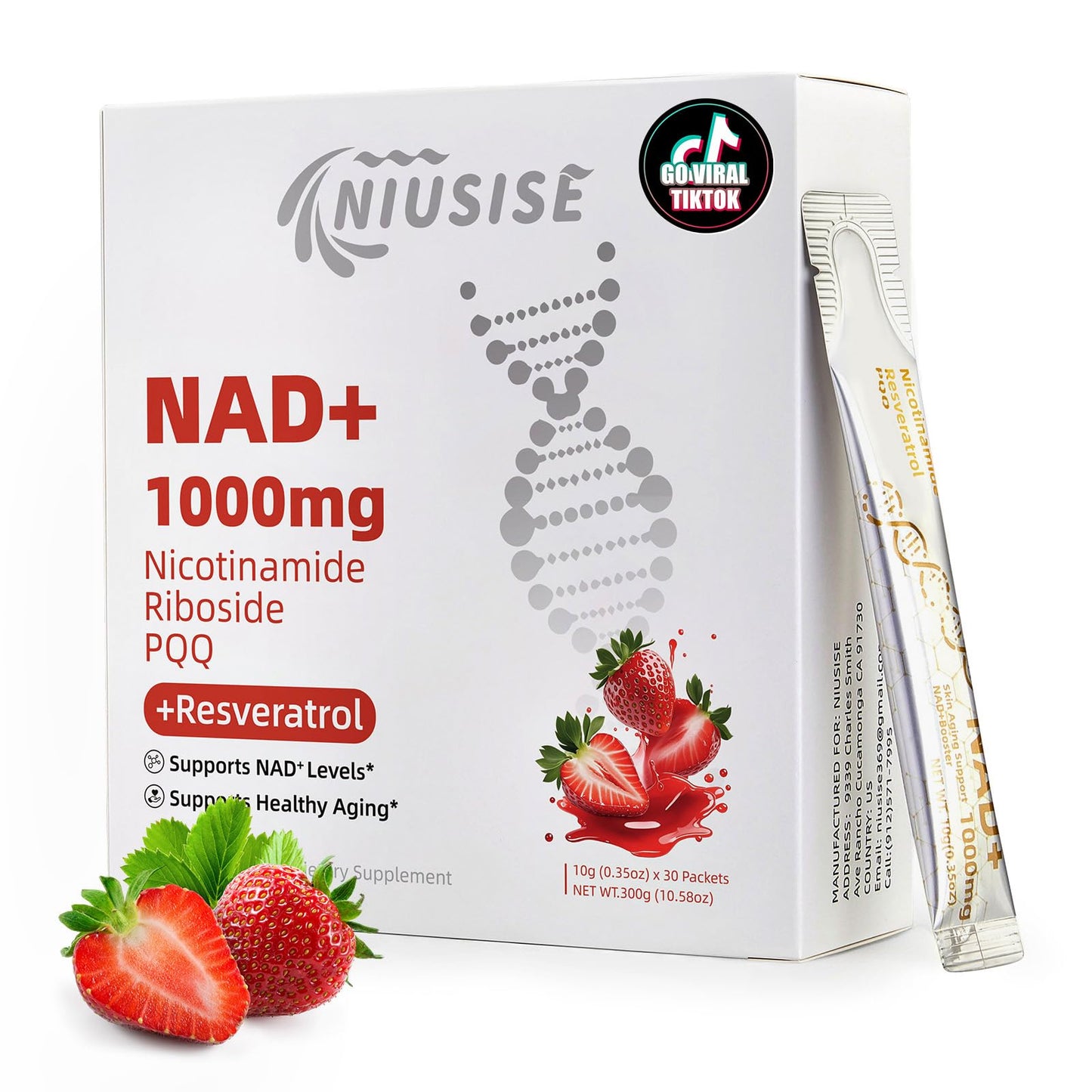 NIUSISE NAD Supplement, NAD+ Liquid, 1000mg Enhanced Formula with PQQ, Nicotinamide Riboside & Resveratrol, Advanced Anti-Aging Support for Men & Women, Sustained Energy, Vitality Boost (30 Packets) - Maple Wellness Supplements