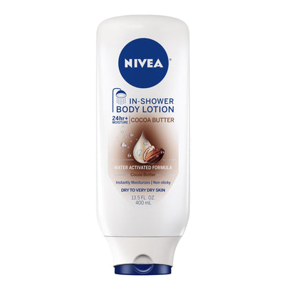 NIVEA Cocoa Butter In Shower Lotion, Water Activated In Shower Moisturizer for Dry Skin to Very Dry Skin, 13.5 FL OZ Bottle - Maple Wellness Supplements