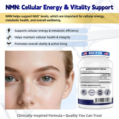 NMN 500MG Per Capsule – High Purity 99.9% NMN, NAD+ Support for Cellular Energy & Healthy Aging, 60 Capsules, Third-Party Tested, cGMP Made in USA - Maple Wellness Supplements