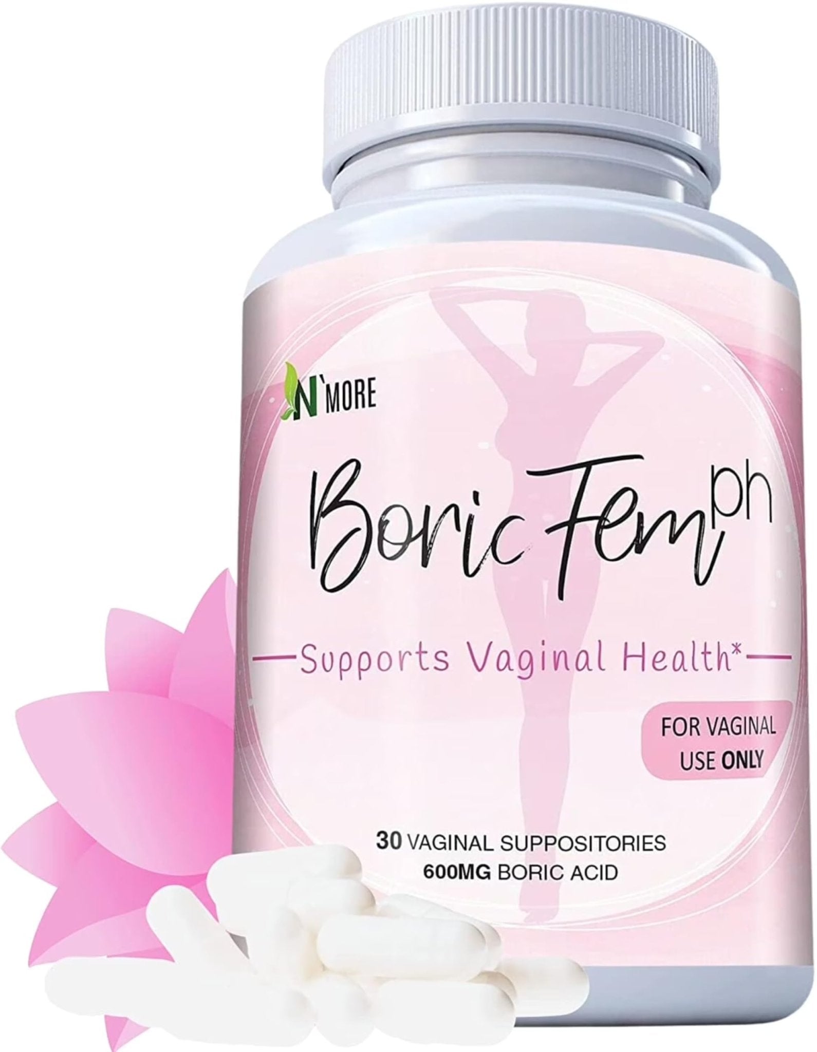 N'More Boric Acid Vaginal Suppositories- 100% Pure - Made in USA- Boricfem Vaginal Health Supplement- 30 Servings (Pack of 1) - Maple Wellness Supplements