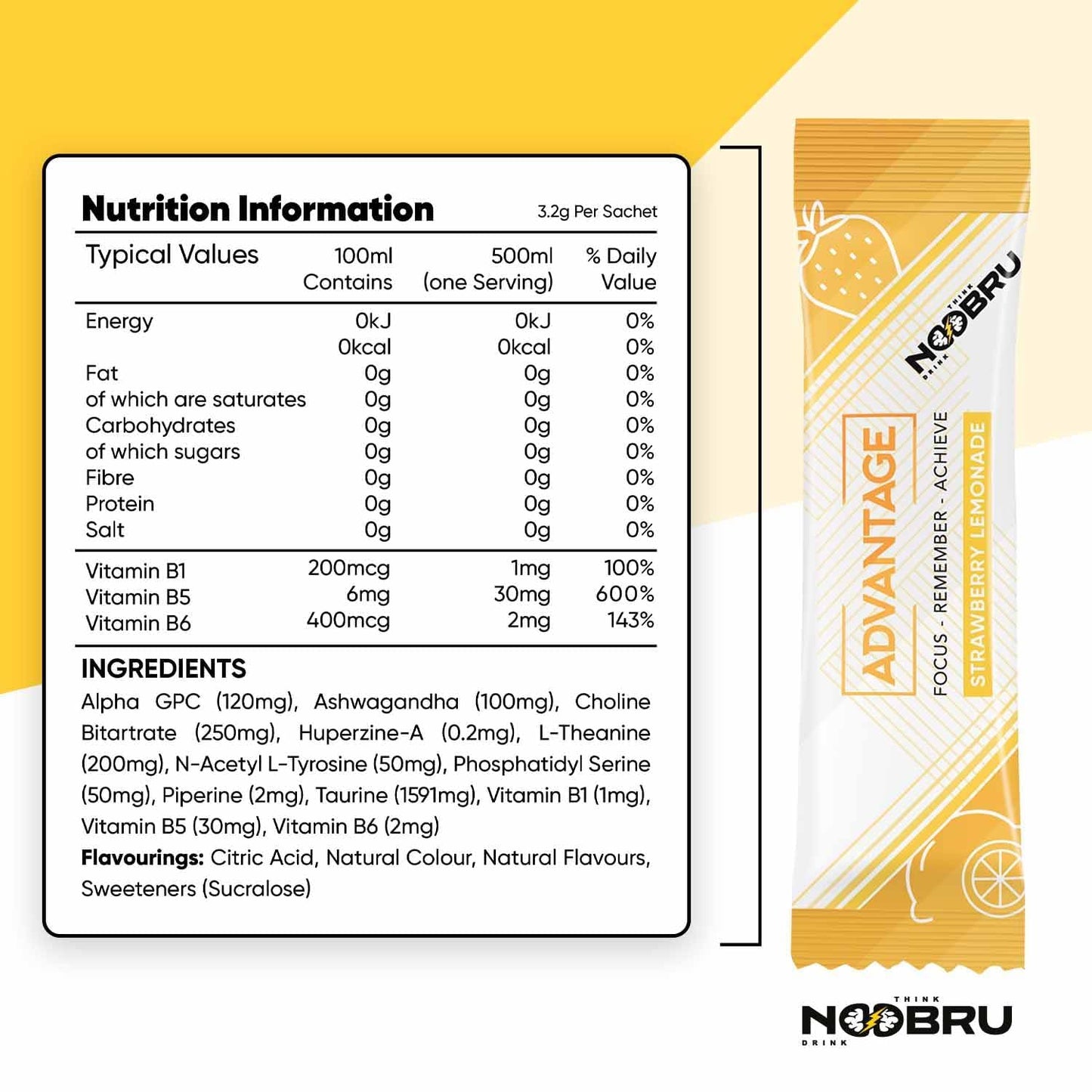 Noobru Аdvantage Nootropic - Delicious Nootropics Brain Supplement with 11 Active Ingredients - Natural Cognitive Enhancer - 20 Strawberry Lemonade Sachets - 1 Month Supply, 20 Count (Pack of 1) - Maple Wellness Supplements