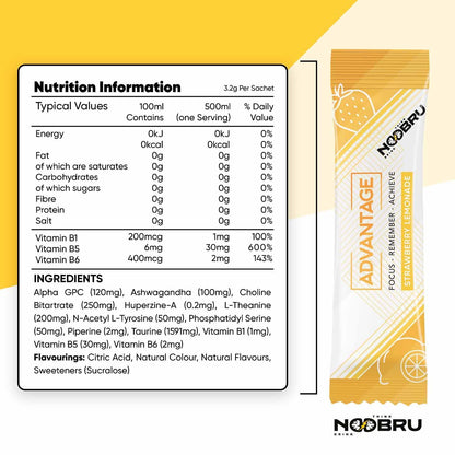 Noobru Аdvantage Nootropic - Delicious Nootropics Brain Supplement with 11 Active Ingredients - Natural Cognitive Enhancer - 20 Strawberry Lemonade Sachets - 1 Month Supply, 20 Count (Pack of 1) - Maple Wellness Supplements