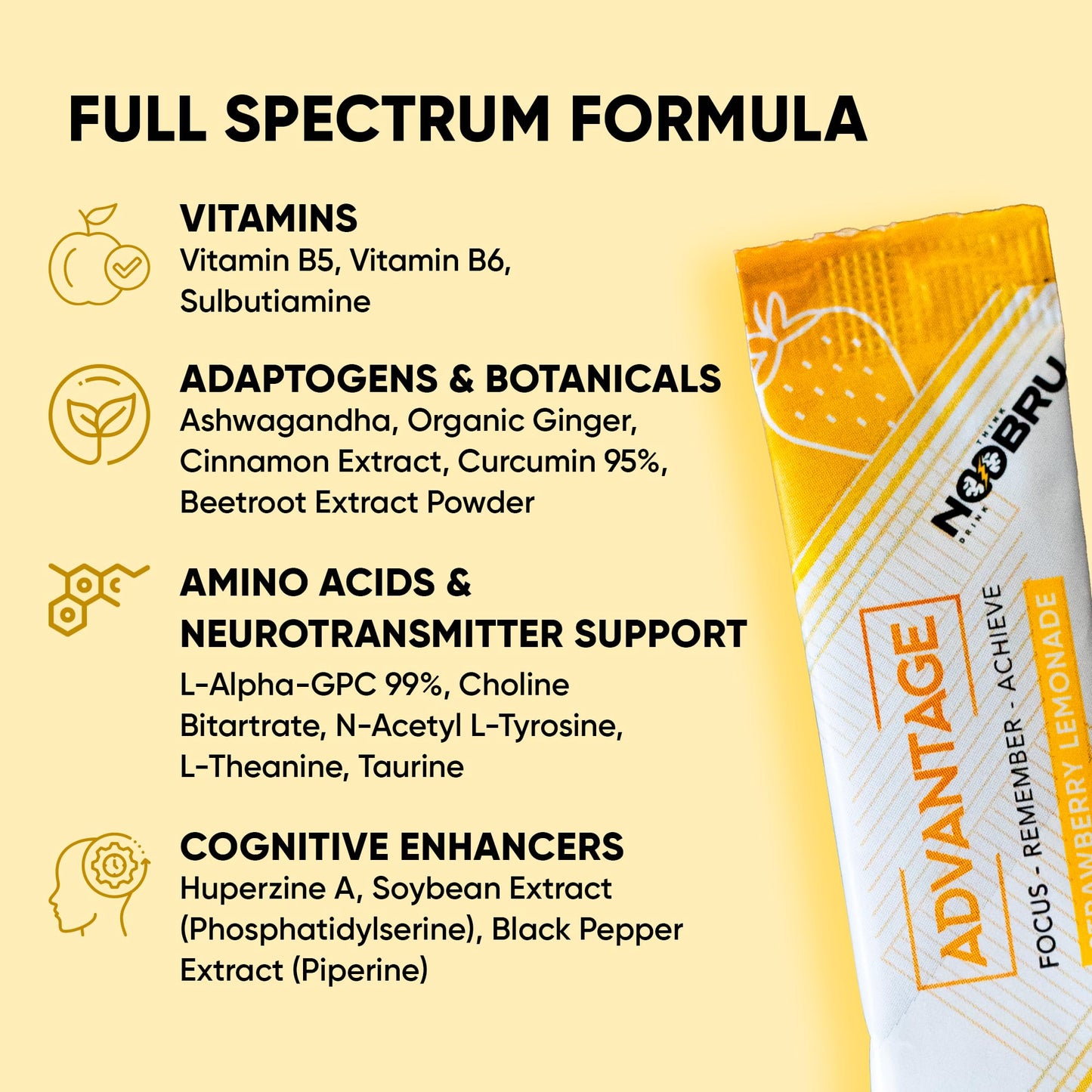 Noobru Аdvantage Nootropic - Delicious Nootropics Brain Supplement with 11 Active Ingredients - Natural Cognitive Enhancer - 20 Strawberry Lemonade Sachets - 1 Month Supply, 20 Count (Pack of 1) - Maple Wellness Supplements