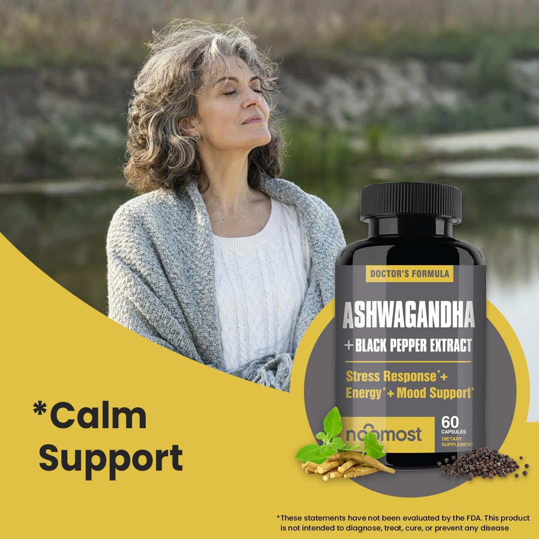 NooMost Organic Ashwagandha 400mg Capsules w/Black Pepper Extract as Vegan Ashwagandha Supplements for Anti Stress Relief, Natural Mood Support, Energy & Focus-60 Capsules - Maple Wellness Supplements