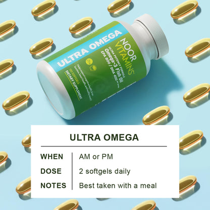 Noor Vitamins Halal Fish Oil, Halal Vitamins, Ultra Omega 3 Wild Peruvian Fish (800 mg EPA & 400 mg DHA) Heart, Brain & Joint Support, Non-GMO and Gluten Free (120 Count) - Maple Wellness Supplements