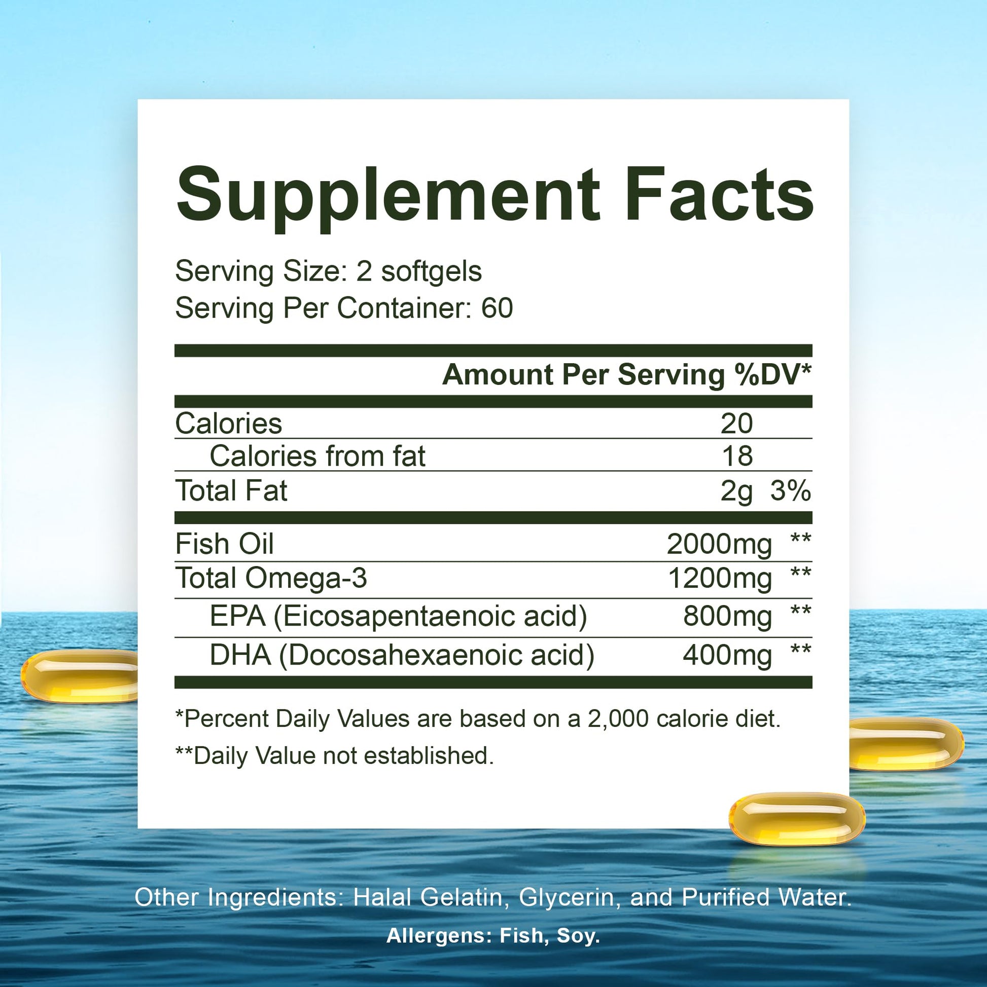 Noor Vitamins Halal Fish Oil, Halal Vitamins, Ultra Omega 3 Wild Peruvian Fish (800 mg EPA & 400 mg DHA) Heart, Brain & Joint Support, Non-GMO and Gluten Free (120 Count) - Maple Wellness Supplements