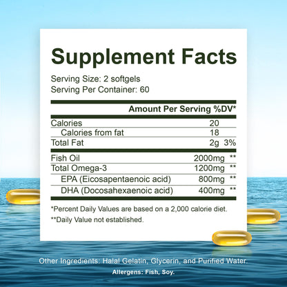 Noor Vitamins Halal Fish Oil, Halal Vitamins, Ultra Omega 3 Wild Peruvian Fish (800 mg EPA & 400 mg DHA) Heart, Brain & Joint Support, Non-GMO and Gluten Free (120 Count) - Maple Wellness Supplements