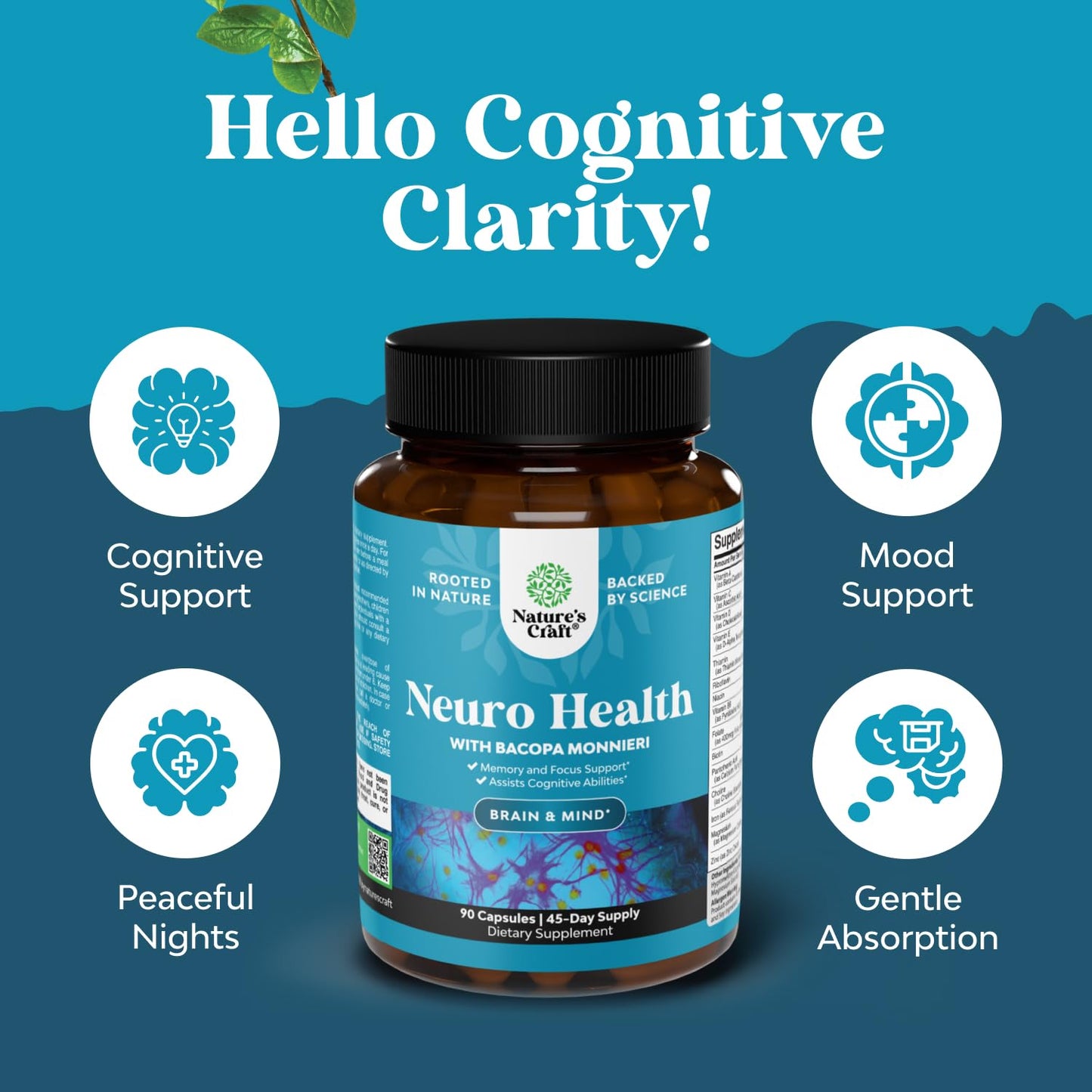 Nootropic Brain Supplement for Memory and Focus Support - Vitamins for Mental Support & Clarity with Bacopa Monnieri, VIT A, B6, Riboflavin, Niacin - Maple Wellness Supplements