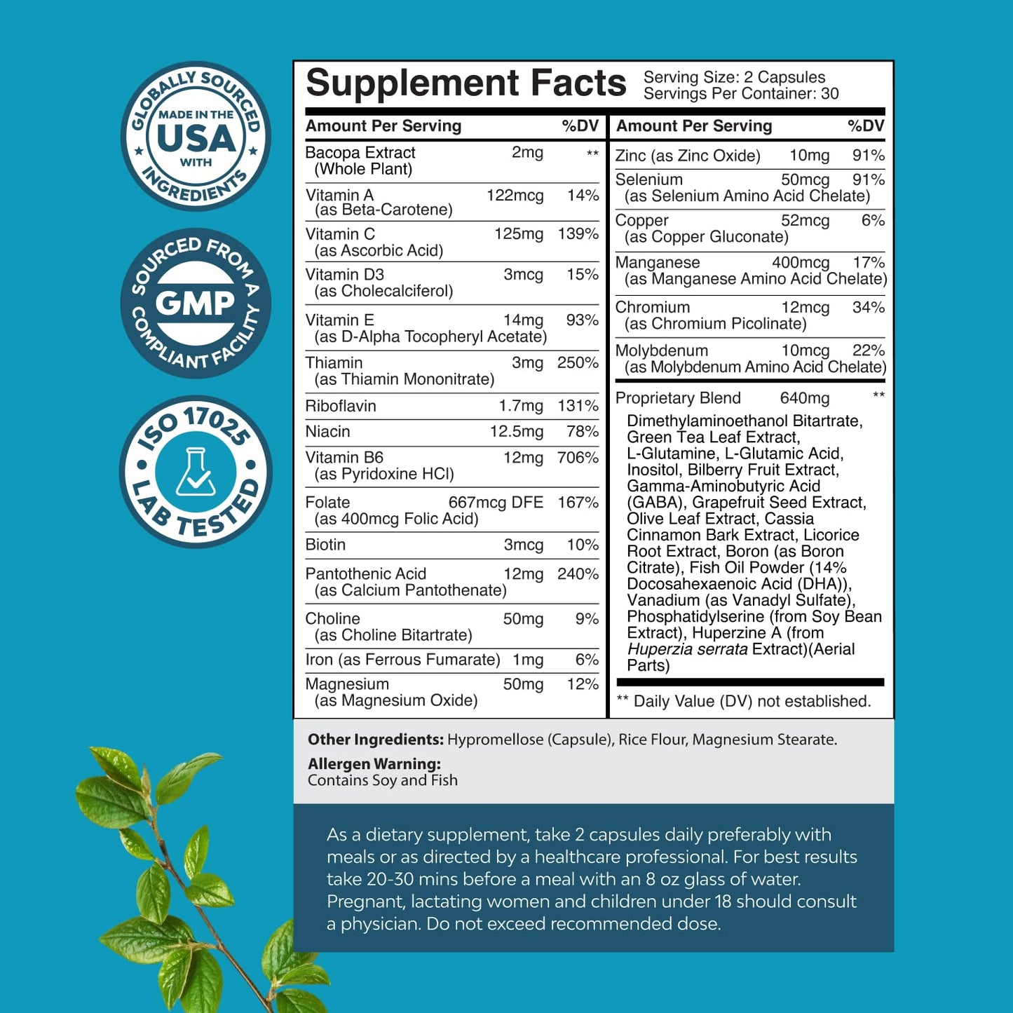 Nootropic Brain Supplement for Memory and Focus Support - Vitamins for Mental Support & Clarity with Bacopa Monnieri, VIT A, B6, Riboflavin, Niacin, Thiamin & Folate - Maple Wellness Supplements