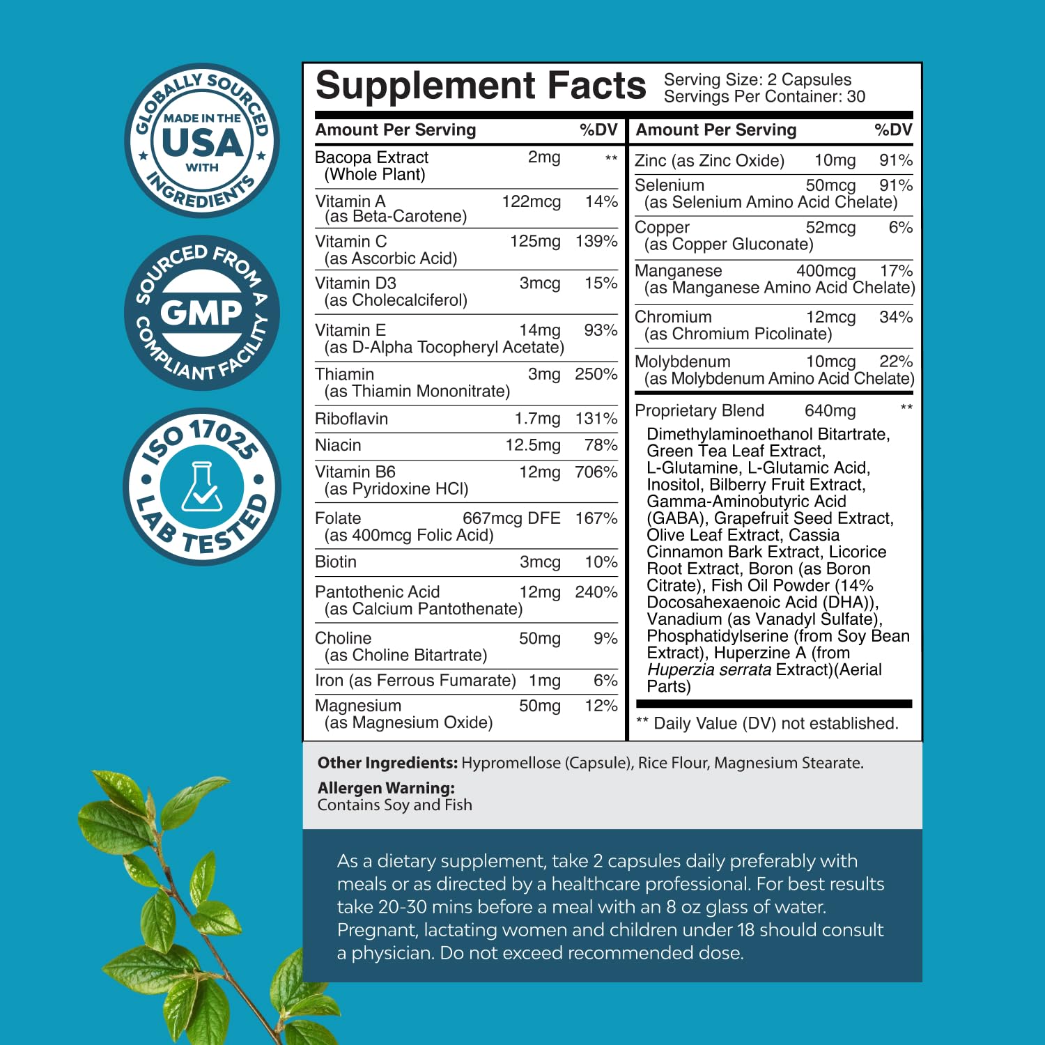 Nootropic Brain Supplement for Memory and Focus Support - Vitamins for Mental Support & Clarity with Bacopa Monnieri, VIT A, B6, Riboflavin, Niacin, Thiamin & Folate - Maple Wellness Supplements