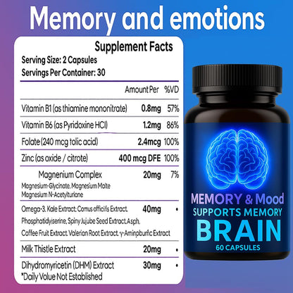 Nootropic Brain Supplements for Memory and Focus, Cognitive Support Formula with B Vitamins, Folate & Dihydromyricetin – Mental Clarity & Daily Performance, 60 Capsules (1) - Maple Wellness Supplements