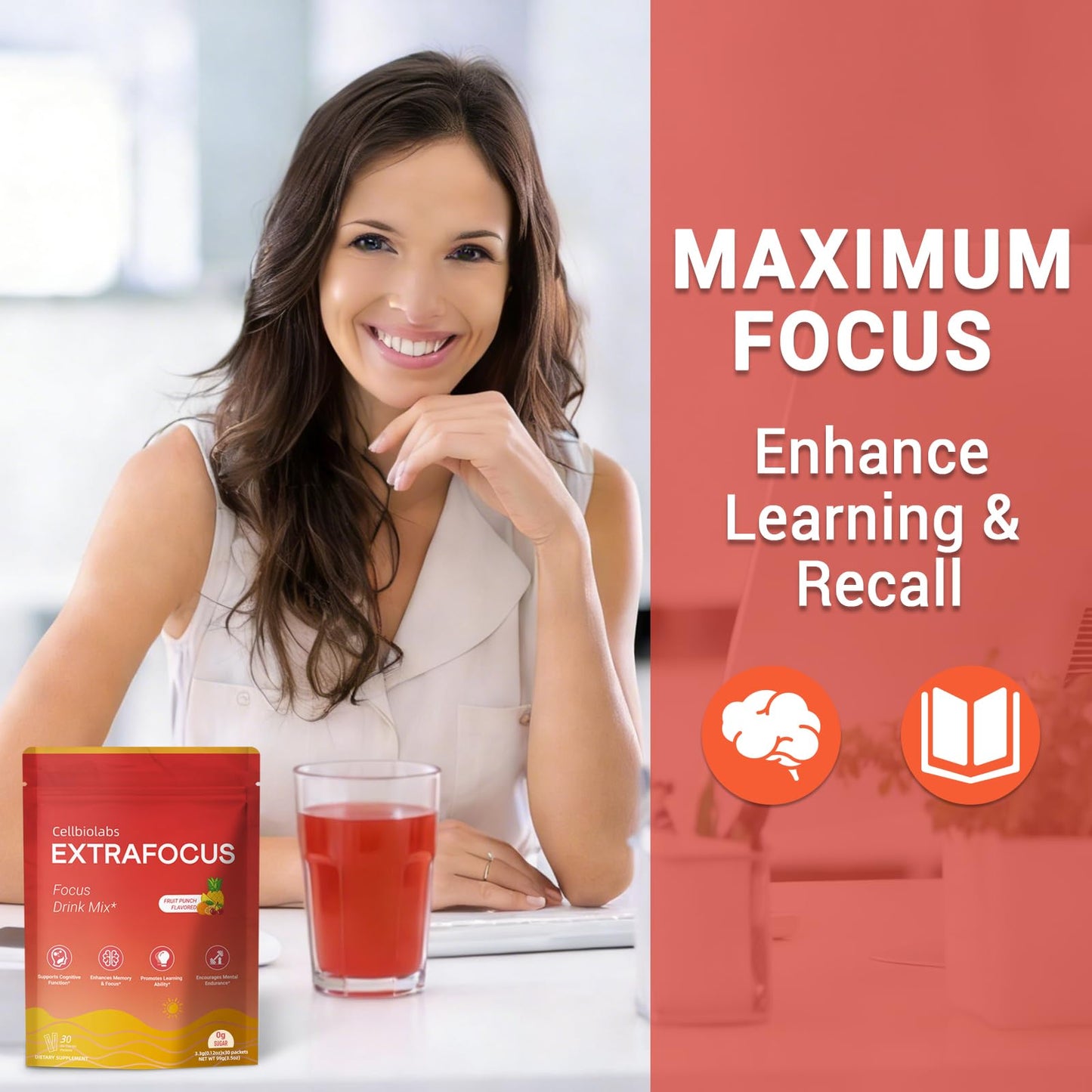 Nootropic Extra Focus Drink Mix, 30 Packs On-The-Go Sticks, Featuring Alpha-GPC, Lion's Mane & Rhodiola, Sugar-Free Packets Fruit Punch Clean Drink Mix - Maple Wellness Supplements