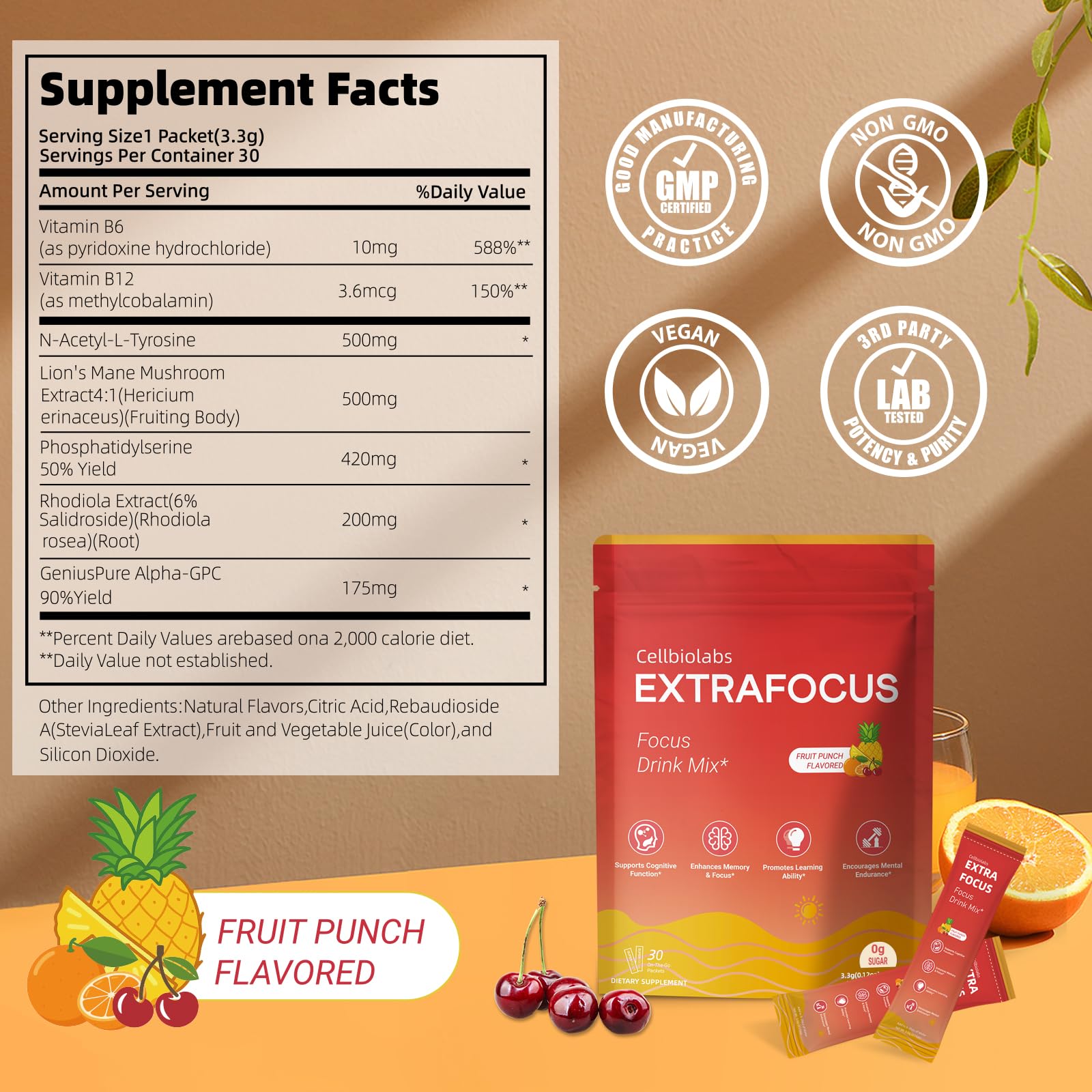 Nootropic Extra Focus Drink Mix, 30 Packs On-The-Go Sticks, Featuring Alpha-GPC, Lion's Mane & Rhodiola, Sugar-Free Packets Fruit Punch Clean Drink Mix - Maple Wellness Supplements