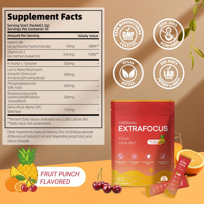 Nootropic Extra Focus Drink Mix, 30 Packs On-The-Go Sticks, Featuring Alpha-GPC, Lion's Mane & Rhodiola, Sugar-Free Packets Fruit Punch Clean Drink Mix - Maple Wellness Supplements