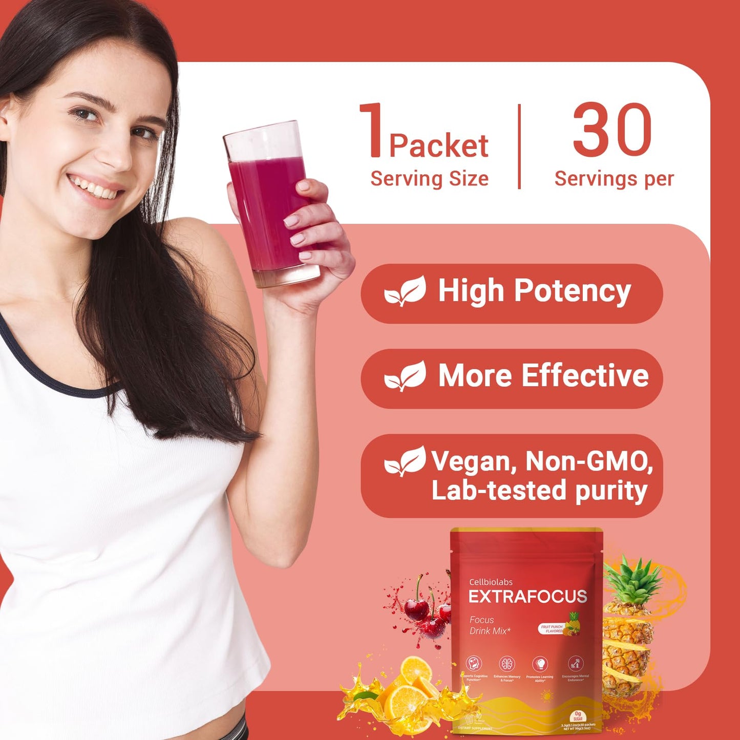 Nootropic Extra Focus Drink Mix, 30 Packs On-The-Go Sticks, Featuring Alpha-GPC, Lion's Mane & Rhodiola, Sugar-Free Packets Fruit Punch Clean Drink Mix - Maple Wellness Supplements
