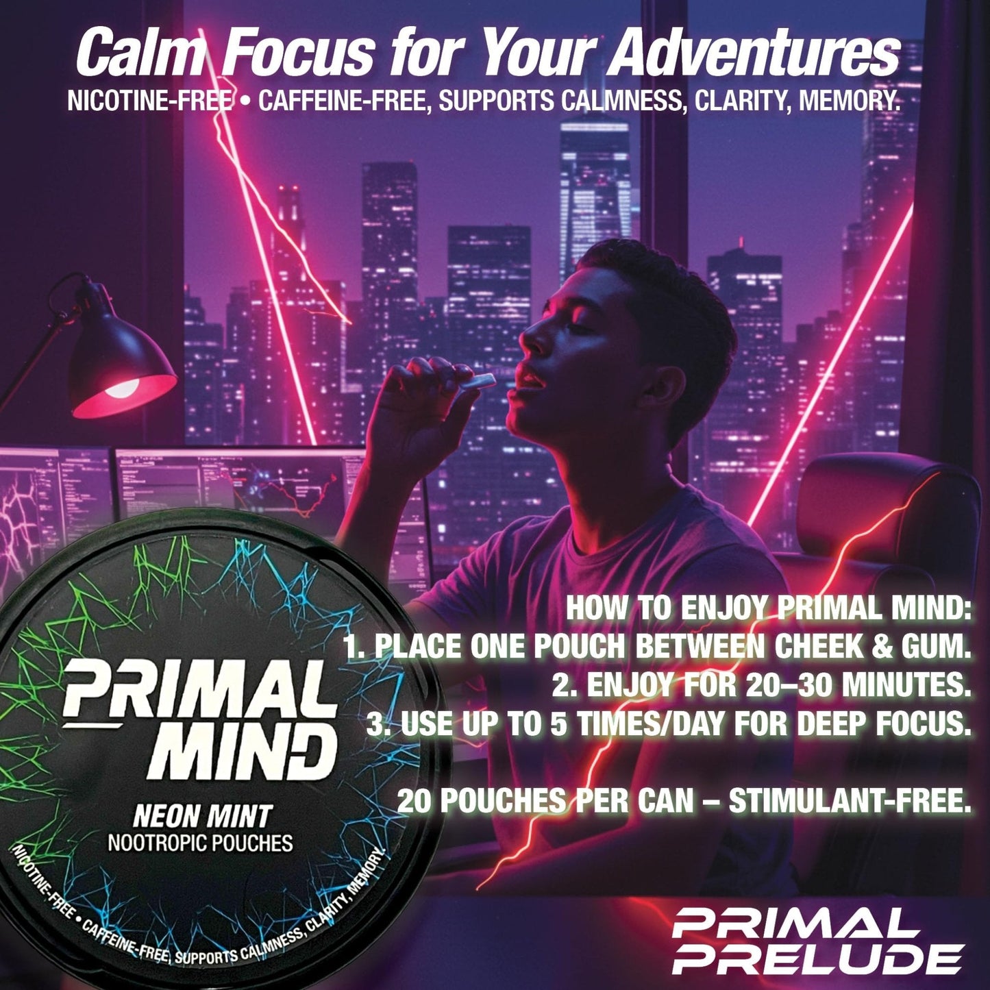 Nootropic Pouches - Primal Mind Caffeine Free Nootropics Pouches Made with Ginkgo Biloba & L-Theanine - Nicotine Free Brain Boost, No Sugar, Cognitive Support – 20 Pouches Per Can, 5 Pack (Neon Mint) - Maple Wellness Supplements