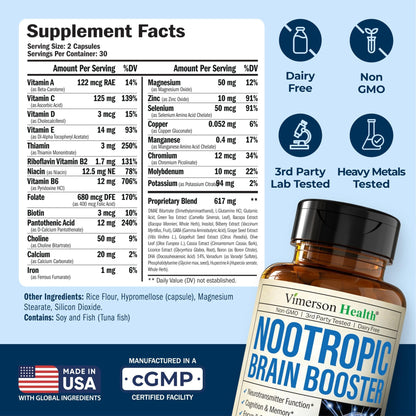 Nootropics Brain Support Supplement - Nootropic Brain Booster for Improved Focus, Concentration & Memory. Brain Nootropic for Brain Health, Mood & Energy Support. Non-GMO. Made in the USA. 60 Capsules - Maple Wellness Supplements