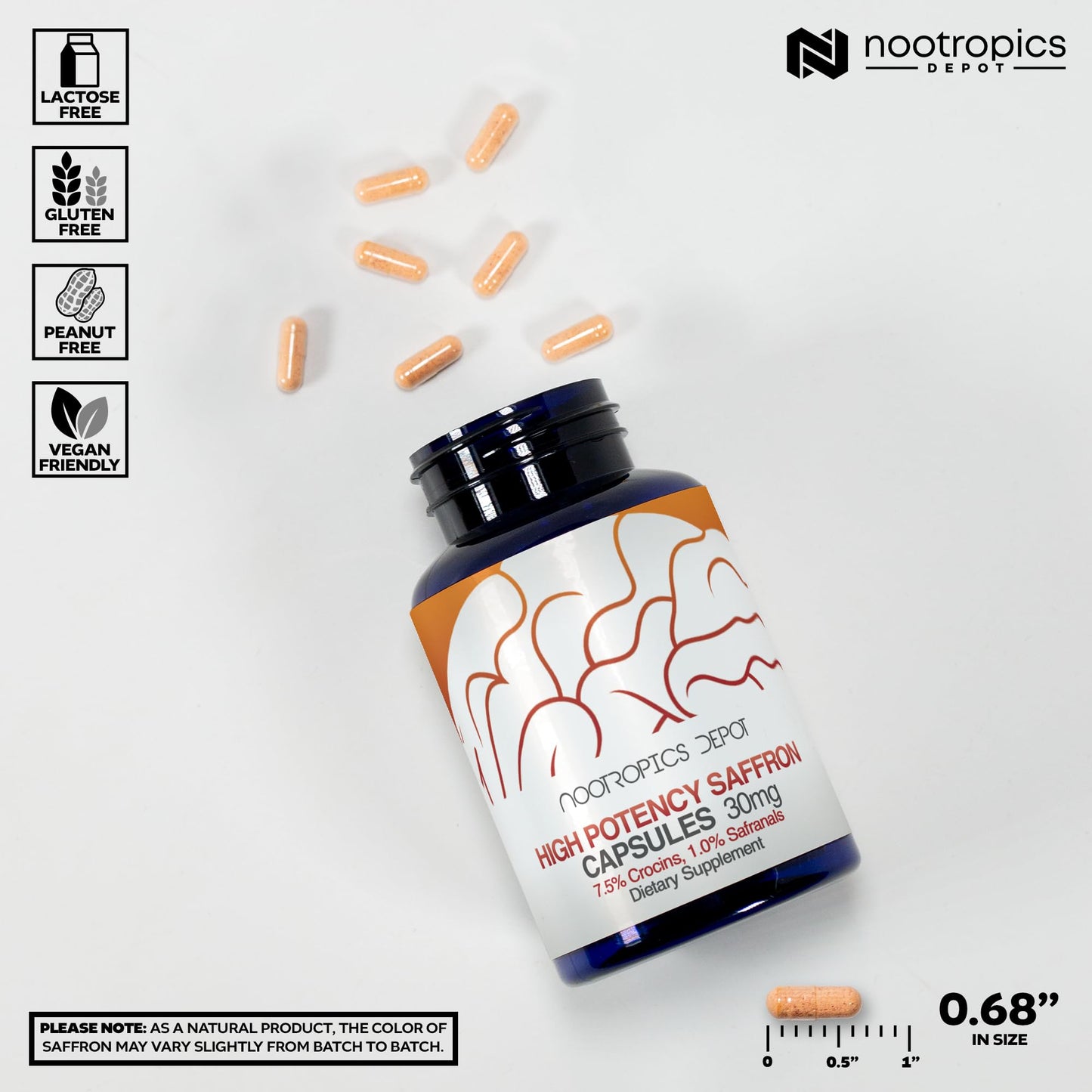 Nootropics Depot High Potency Saffron Extract Capsules | 30mg | Minimum 7.5% Crocins and 1% Safranals | Crocus sativus | 60 ct - Maple Wellness Supplements