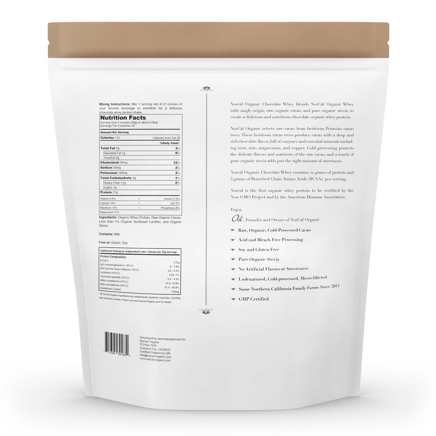 NorCal Organic Chocolate Whey Protein - 2lbs | 100% USA Grass-Fed, USDA Certified - Maple Wellness Supplements