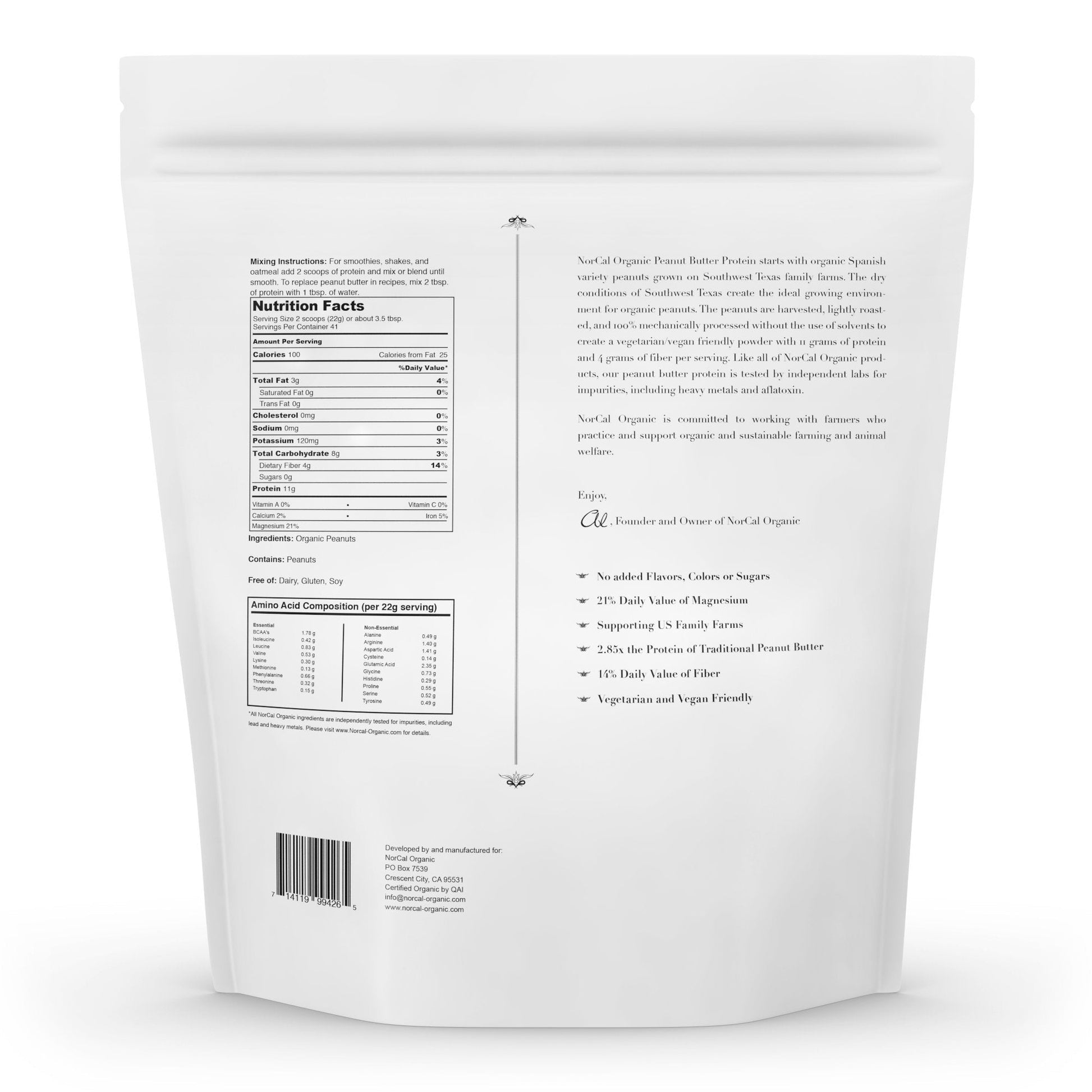 Norcal Organic Peanut Butter Protein Powder - 2lb | Vegan, Low-Cal, 11g Protein - Maple Wellness Supplements