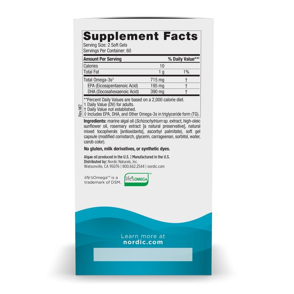 Nordic Naturals Algae Omega - 120 Soft Gels - 715 mg Omega-3 - Certified Vegan Algae Oil - Plant-Based EPA & DHA - Heart, Eye - Maple Wellness Supplements