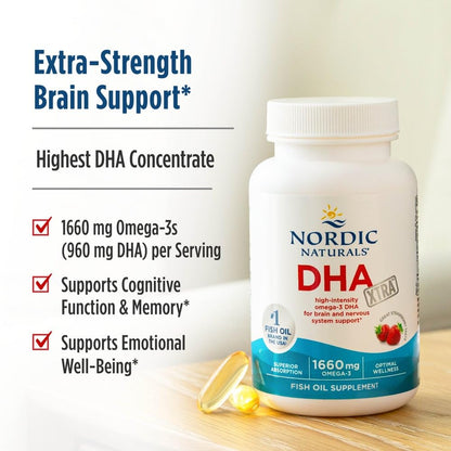 Nordic Naturals DHA Xtra, Strawberry - 90 Soft Gels - 1660 mg Omega-3 - High-Intensity DHA Formula for Brain & Nervous System Support - Maple Wellness Supplements
