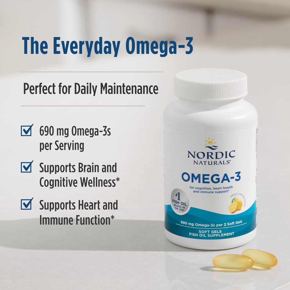 Nordic Naturals Omega-3, Lemon Flavor - 180 Soft Gels - 690 mg Omega-3 - Fish Oil - EPA & DHA - Immune Support, Brain & Heart Health, Optimal Wellness - Non-GMO - 90 Servings - Maple Wellness Supplements