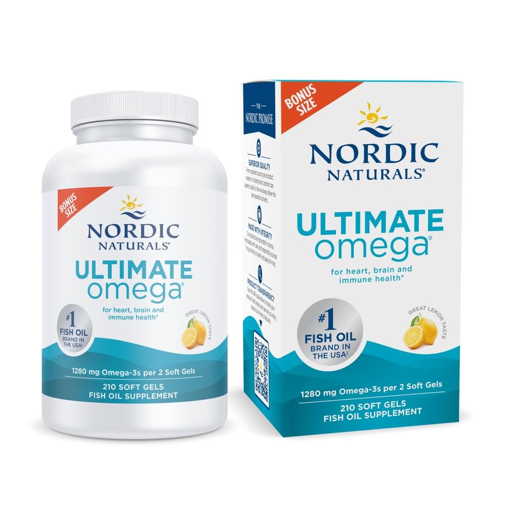 Nordic Naturals Ultimate Omega, Lemon Flavor - 210 Soft Gels - 1280 mg Omega-3 - High-Potency Fish Oil with EPA & DHA - Promotes Brain & Heart Health - Non-GMO - 105 Servings - Maple Wellness Supplements