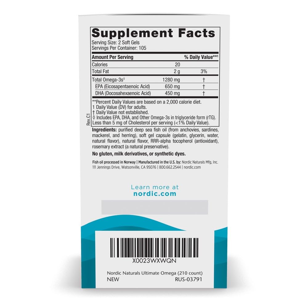 Nordic Naturals Ultimate Omega, Lemon Flavor - 210 Soft Gels - 1280 mg Omega-3 - High-Potency Fish Oil with EPA & DHA - Promotes Brain & Heart Health - Non-GMO - 105 Servings - Maple Wellness Supplements