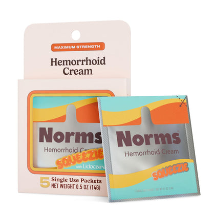 Norms Squeezies Lidocaine Hemorrhoid Cream, Discreet Single Use Travel Packets, 5% Lidocaine, Phenylephrine, Aloe and Glycerin – Numbing, Soothing & Swelling Relief On the Go, 5 Count - Maple Wellness Supplements