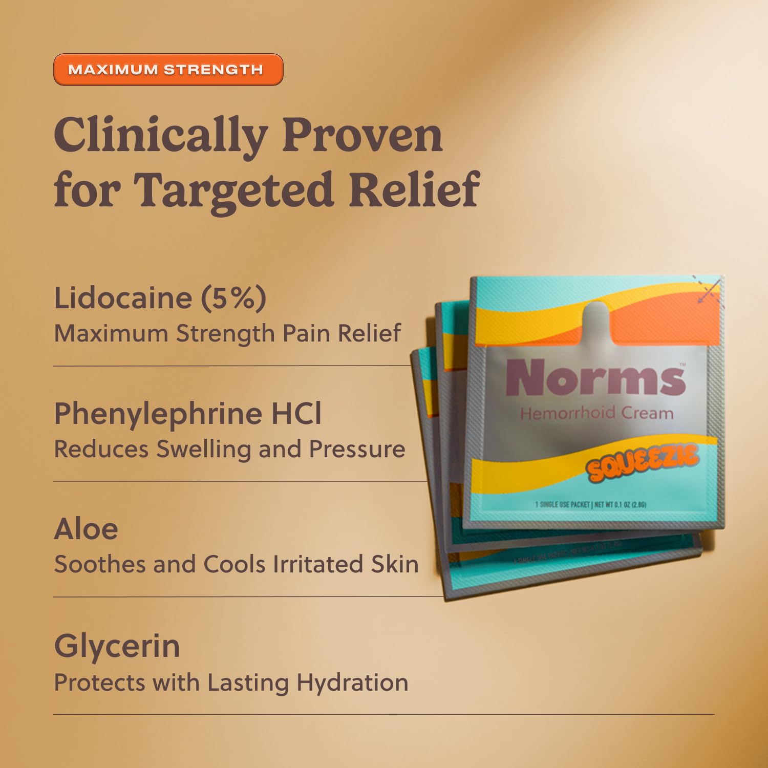 Norms Squeezies Lidocaine Hemorrhoid Cream, Discreet Single Use Travel Packets, 5% Lidocaine, Phenylephrine, Aloe and Glycerin – Numbing, Soothing & Swelling Relief On the Go, 5 Count - Maple Wellness Supplements
