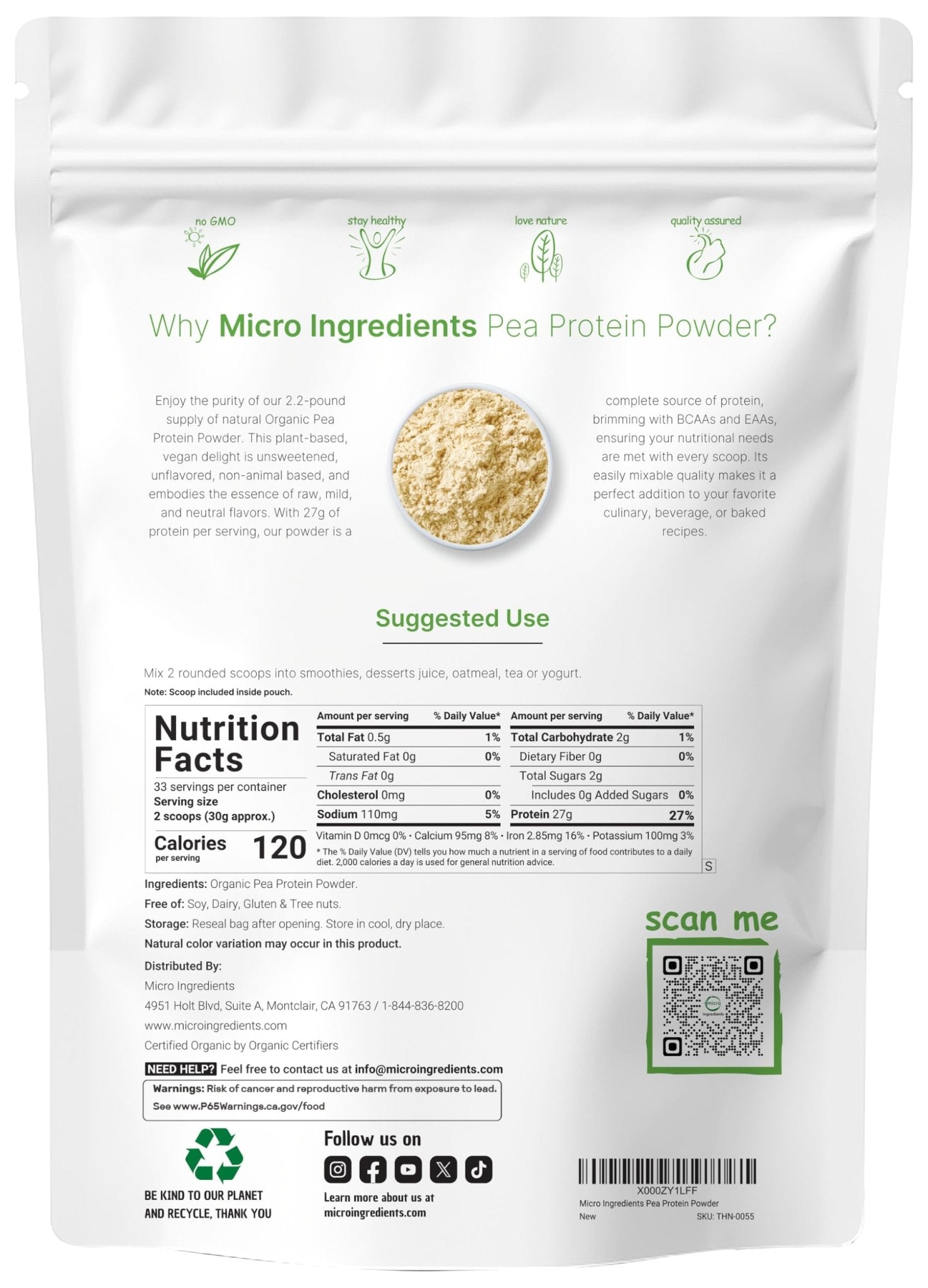 North America Grown, Organic Pea Protein Powder, 1KG (2.2 Pounds) | Plant-Based Vegan Protein, Meatless Protein Supplement, Natural Branched Chain Amino Acids | Non-GMO, Soy Free - Maple Wellness Supplements
