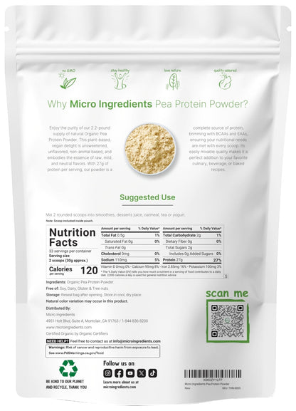 North America Grown, Organic Pea Protein Powder, 1KG (2.2 Pounds) | Plant-Based Vegan Protein, Meatless Protein Supplement, Natural Branched Chain Amino Acids | Non-GMO, Soy Free - Maple Wellness Supplements