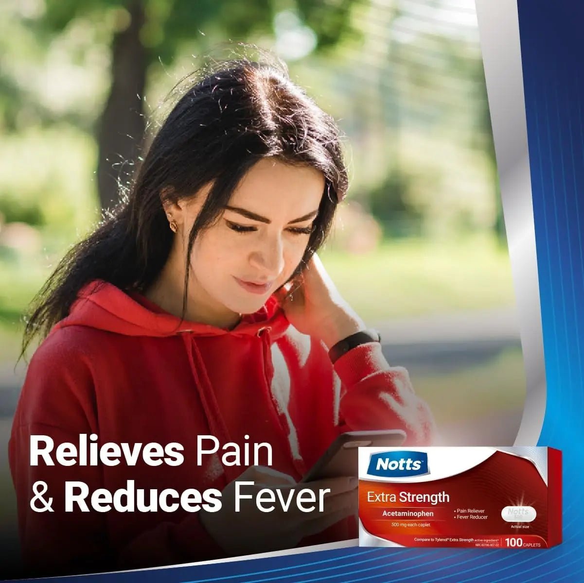 NOTTS Extra Strength 500 mg Caplets with Acetaminophen, Pain Reliever and Fever Reducer for Headache, Backache and Toothache, 100 Count - Maple Wellness Supplements