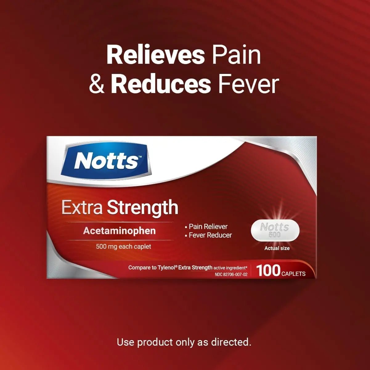NOTTS Extra Strength 500 mg Caplets with Acetaminophen, Pain Reliever and Fever Reducer for Headache, Backache and Toothache, 100 Count - Maple Wellness Supplements