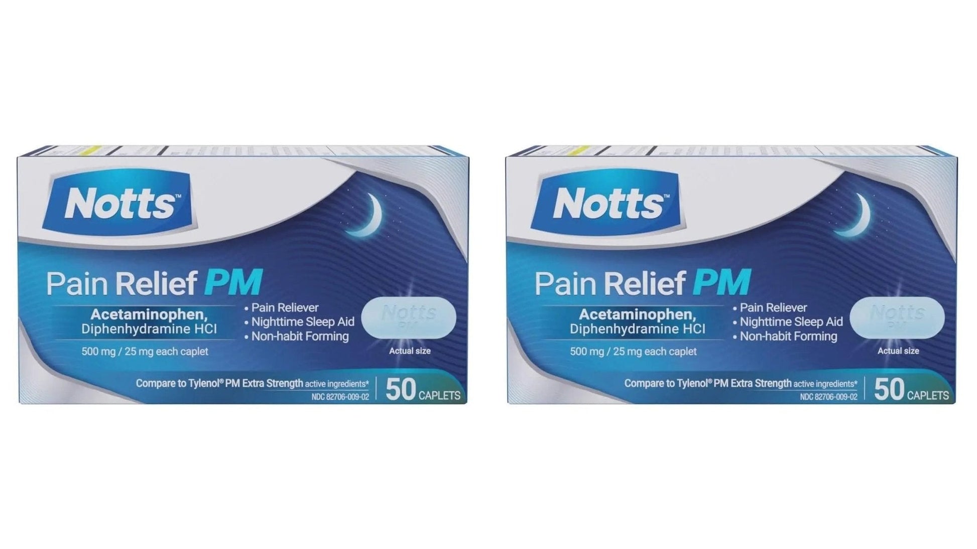 NOTTS PM Extra Strength Pain Relief & Sleep Aid, 500mg Acetaminophen & 25mg Diphenhydramine HCl, 50 Caplets for Nighttime Aches, Headaches & Body Pain, Non-Habit Forming (Pack of 2) - Maple Wellness Supplements