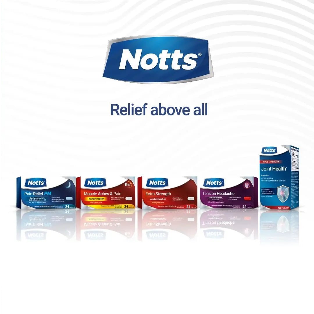 NOTTS PM Extra Strength Pain Relief & Sleep Aid, 500mg Acetaminophen & 25mg Diphenhydramine HCl, 50 Caplets for Nighttime Aches, Headaches & Body Pain, Non-Habit Forming (Pack of 2) - Maple Wellness Supplements