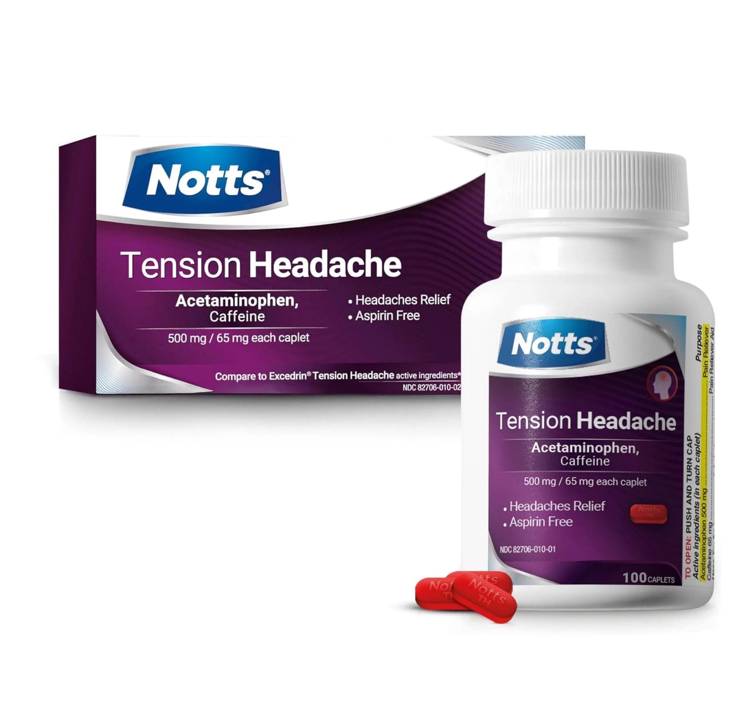 NOTTS Tension Headache Relief Without Aspirin for Head, Neck & Shoulder Pain - 100 Count, Acetaminophen 500 mg Caffeine 65 mg Caplets, for Aches Caused by Tension and Stress. Headache Relief caplets - Maple Wellness Supplements