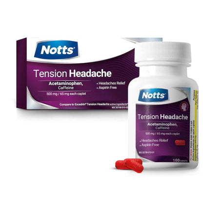 NOTTS Tension Headache Relief Without Aspirin for Head, Neck & Shoulder Pain - 100 Count, Acetaminophen 500 mg Caffeine 65 mg Caplets, for Aches Caused by Tension and Stress. Headache Relief caplets - Maple Wellness Supplements